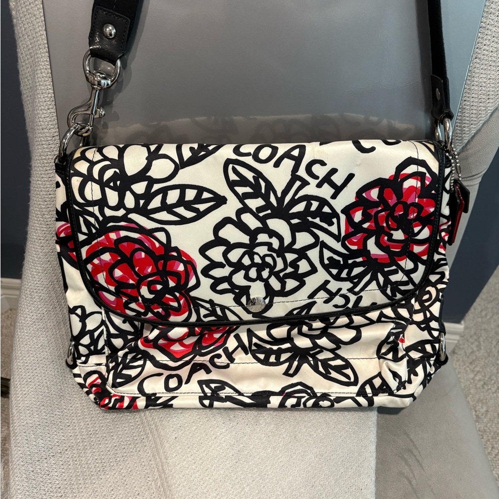 Coach Black and Red/Pink Floral Messenger Bag